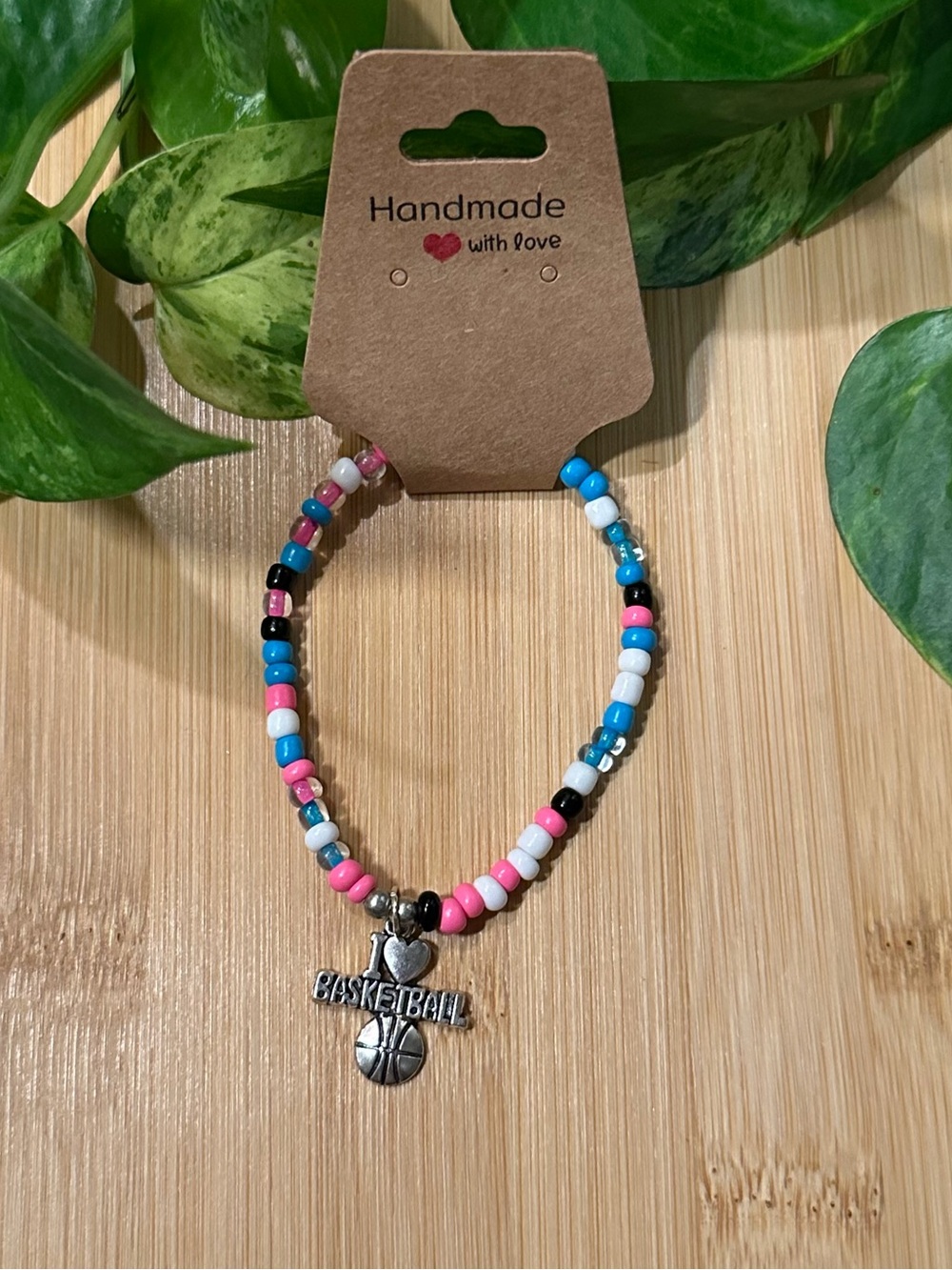 🏀✨ Basketball Stretchy Beaded‎ Bracelet | Handmade | Silver Dangle Charm